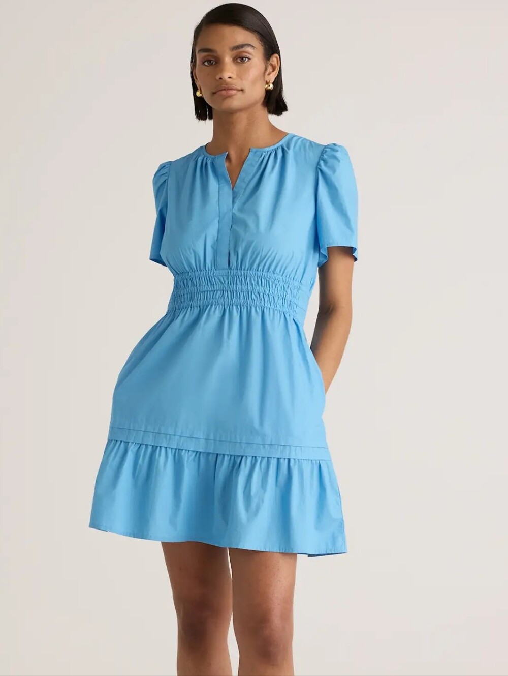 Quince 100% Organic Cotton Poplin Tiered Cornflower Blue Mini Dress Size Medium